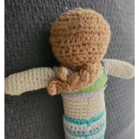 Pebble Crocheted Mermaid Girl w Aqua Purple & White Striped Tail Baby Rattle - Picture 4 of 4